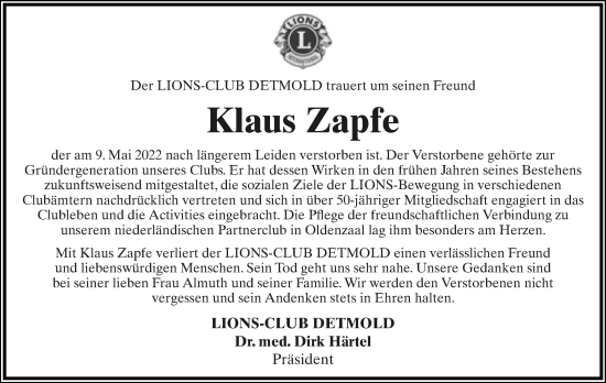 Anzeige  Klaus Zapfe  Lippische Landes-Zeitung