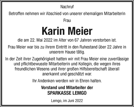 Anzeige  Karin Meier  Lippische Landes-Zeitung