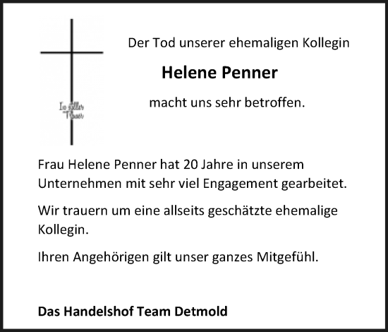 Anzeige  Helene Penner  Lippische Landes-Zeitung