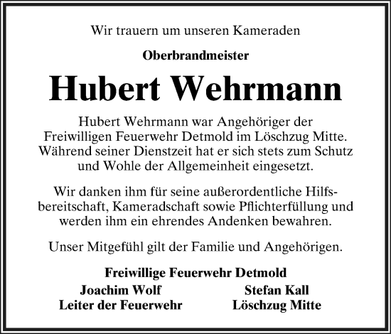 Anzeige  Hubert Wehrmann  Lippische Landes-Zeitung