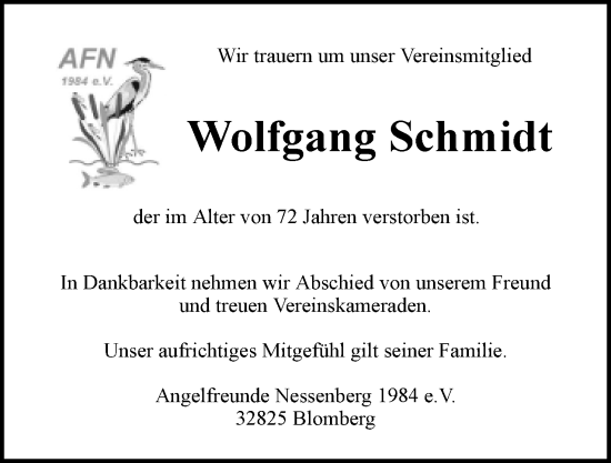 Anzeige  Wolfgang Schmidt  Lippische Landes-Zeitung