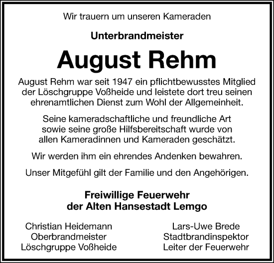 Anzeige  August Rehm  Lippische Landes-Zeitung