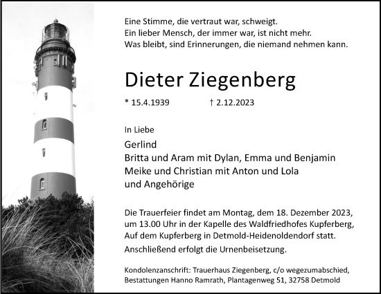 Anzeige  Dieter Ziegenberg  Lippische Landes-Zeitung