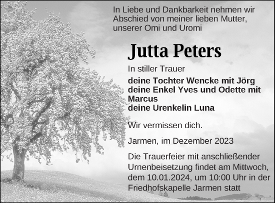 Anzeige  Jutta Peters  Lippische Landes-Zeitung