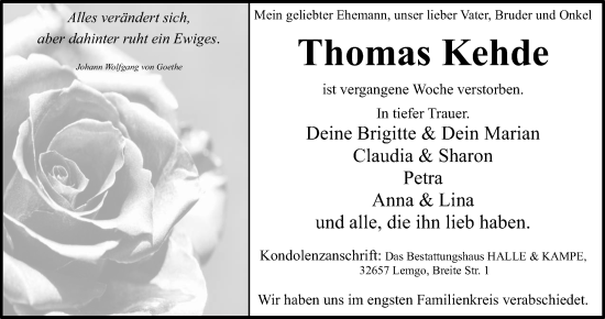 Anzeige  Thomas Kehde  Lippische Landes-Zeitung