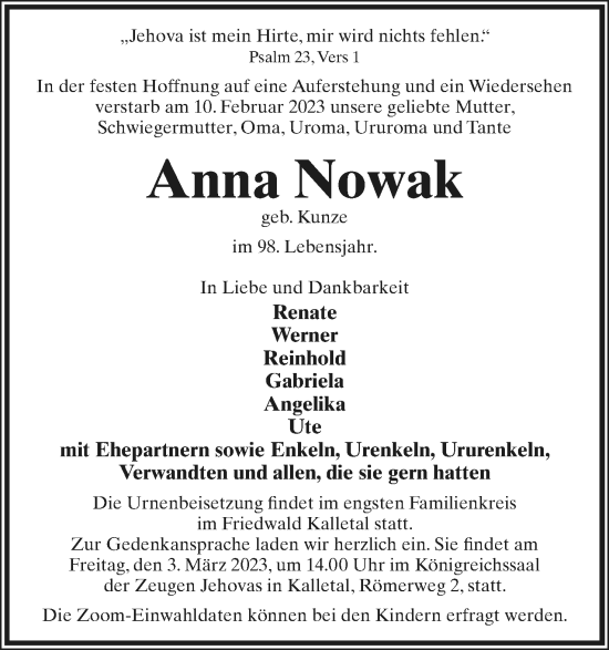 Anzeige  Anna Nowak  Lippische Landes-Zeitung