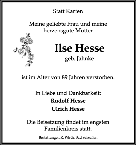 Anzeige  Ilse Hesse  Lippische Landes-Zeitung