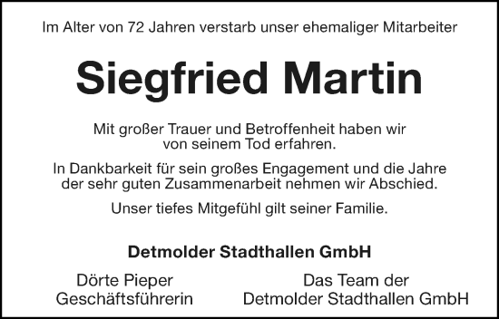 Anzeige  Siegfried Martin  Lippische Landes-Zeitung