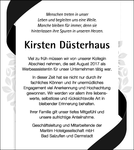 Anzeige  Kirsten Düsterhaus  Lippische Landes-Zeitung
