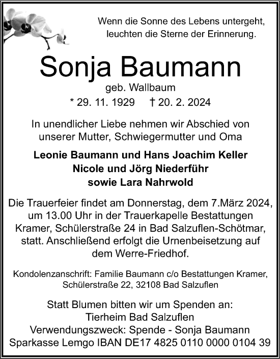 Anzeige  Sonja Baumann  Lippische Landes-Zeitung