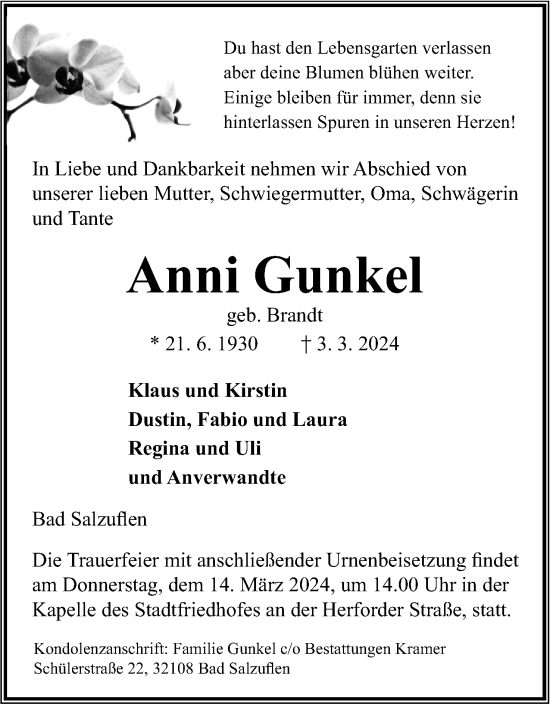 Anzeige  Anni Gunkel  Lippische Landes-Zeitung