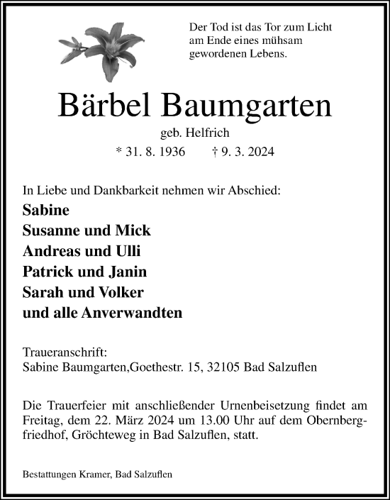 Anzeige  Bärbel Baumgarten  Lippische Landes-Zeitung
