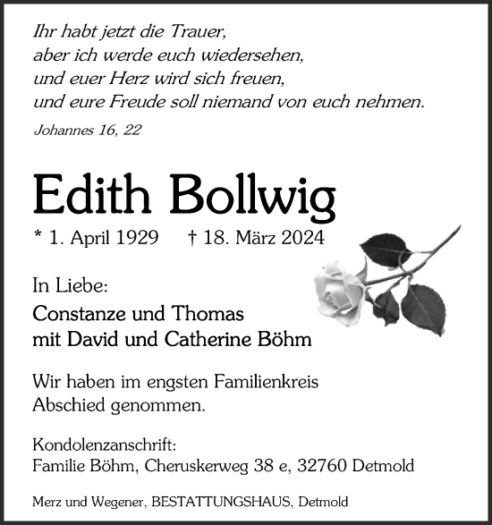 Anzeige  Edith Bollwig  Lippische Landes-Zeitung