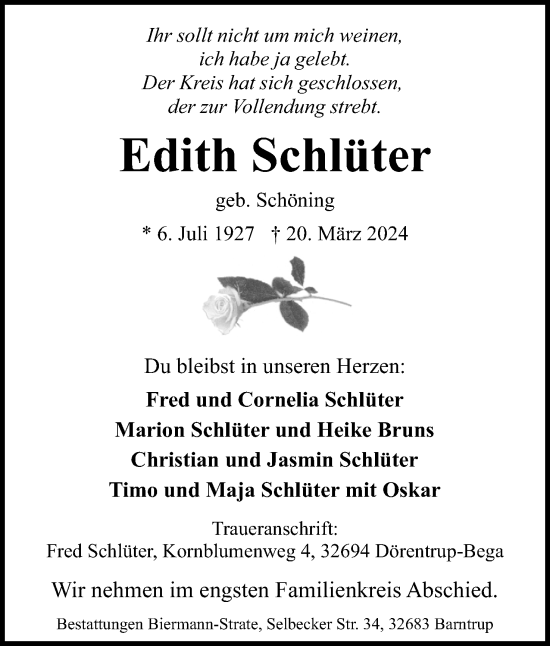 Anzeige  Edith Schlüter  Lippische Landes-Zeitung