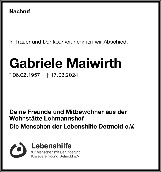 Anzeige  Gabriele Maiwirth  Lippische Landes-Zeitung