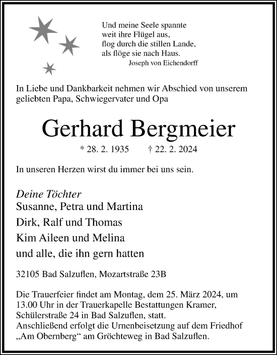 Anzeige  Gerhard Bergmeier  Lippische Landes-Zeitung