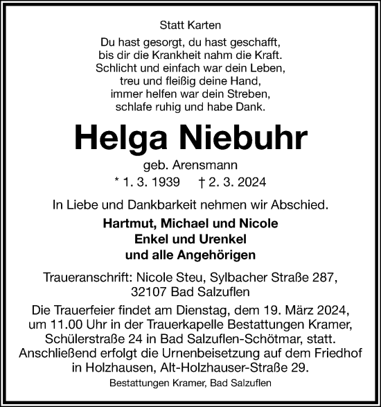 Anzeige  Helga Niebuhr  Lippische Landes-Zeitung