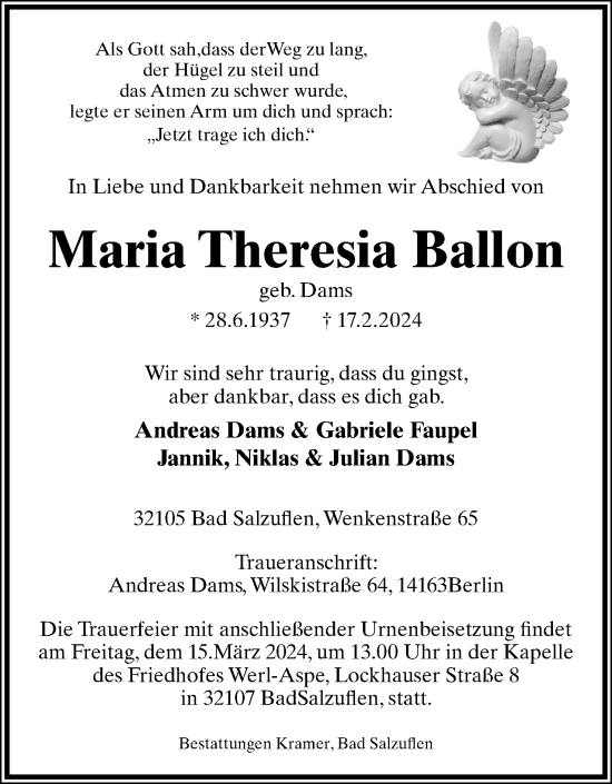 Anzeige  Maria Theresia Ballon  Lippische Landes-Zeitung
