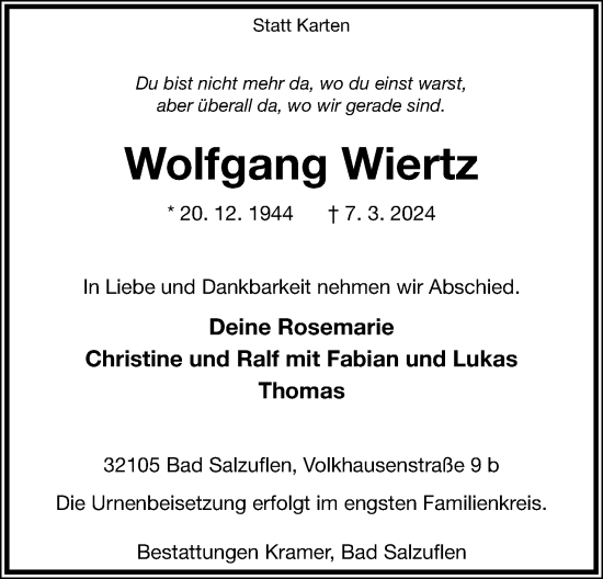 Anzeige  Wolfgang Wiertz  Lippische Landes-Zeitung