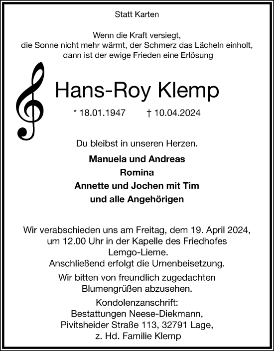 Anzeige  Hans-Roy Klemp  Lippische Landes-Zeitung
