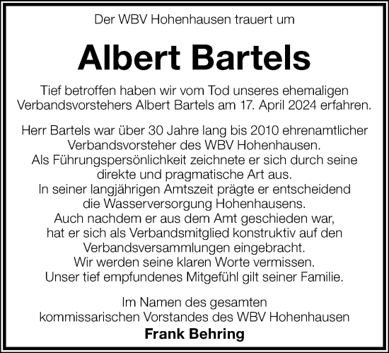 Anzeige  Albert Bartels  Lippische Landes-Zeitung