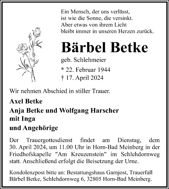 Anzeige  Bärbel Betke  Lippische Landes-Zeitung