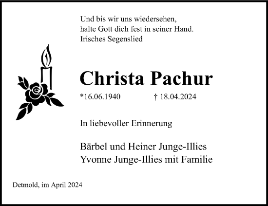 Anzeige  Christa Pachur  Lippische Landes-Zeitung