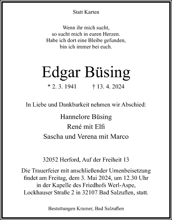 Anzeige  Edgar Büsing  Lippische Landes-Zeitung