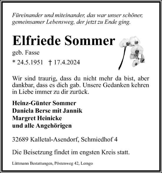 Anzeige  Elfriede Sommer  Lippische Landes-Zeitung