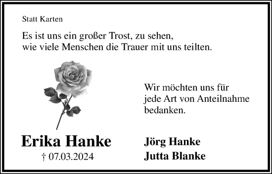 Anzeige  Erika Hanke  Lippische Landes-Zeitung