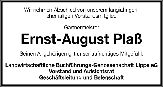 Anzeige  Ernst-August Plaß  Lippische Landes-Zeitung