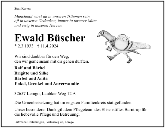 Anzeige  Ewald Büscher  Lippische Landes-Zeitung