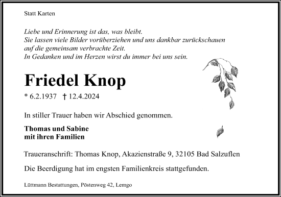 Anzeige  Friedel Knop  Lippische Landes-Zeitung