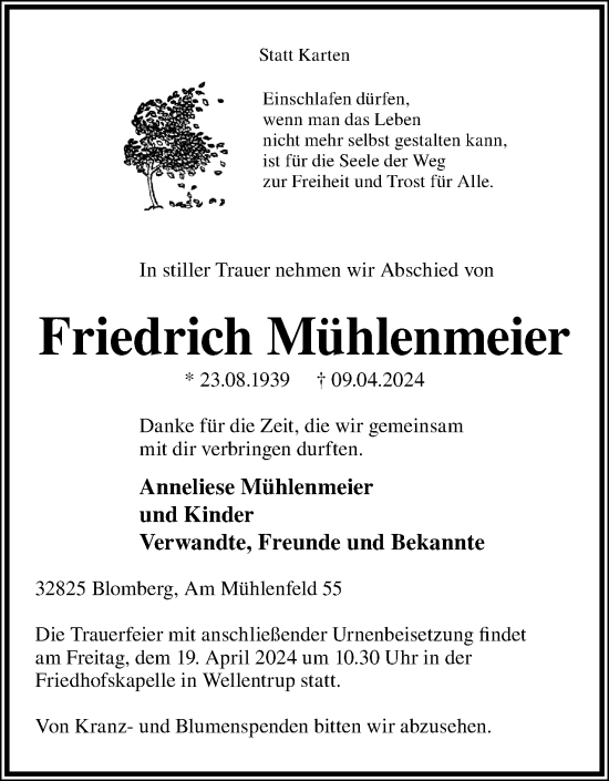 Anzeige  Friedrich Mühlenmeier  Lippische Landes-Zeitung