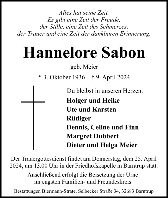 Anzeige  Hannelore Sabon  Lippische Landes-Zeitung