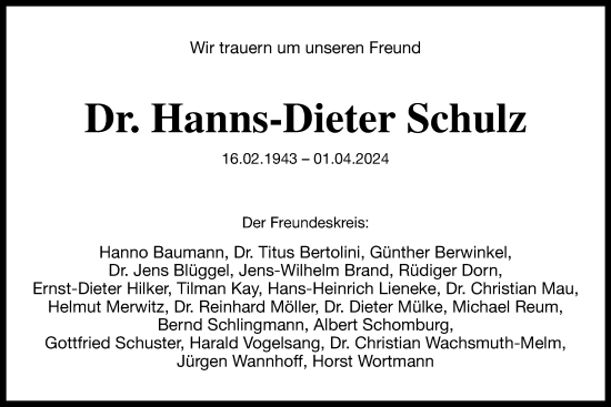 Anzeige  Hanns-Dieter Schulz  Lippische Landes-Zeitung