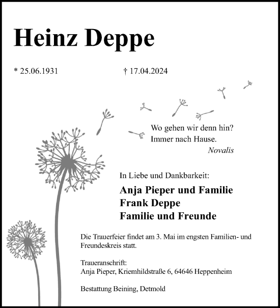 Anzeige  Heinz Deppe  Lippische Landes-Zeitung