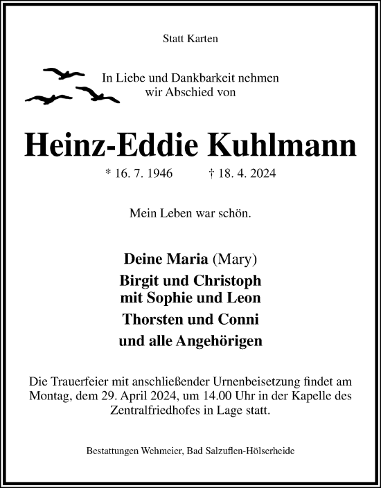 Anzeige  Heinz-Eddie Kuhlmann  Lippische Landes-Zeitung