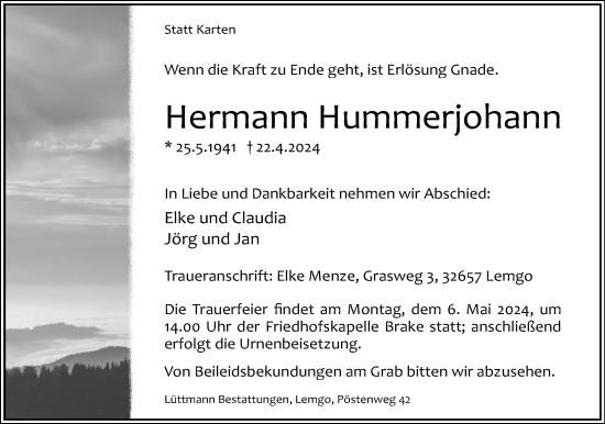 Anzeige  Hermann Hummerjohann  Lippische Landes-Zeitung