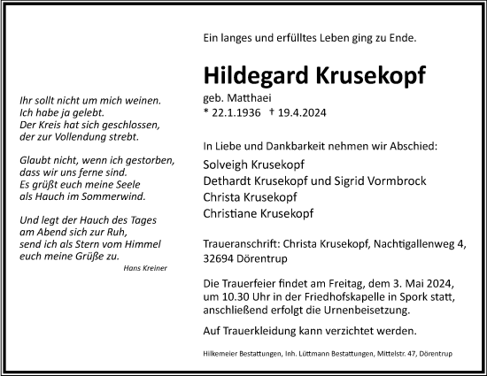 Anzeige  Hildegard Krusekopf  Lippische Landes-Zeitung