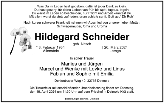 Anzeige  Hildegard Schneider  Lippische Landes-Zeitung