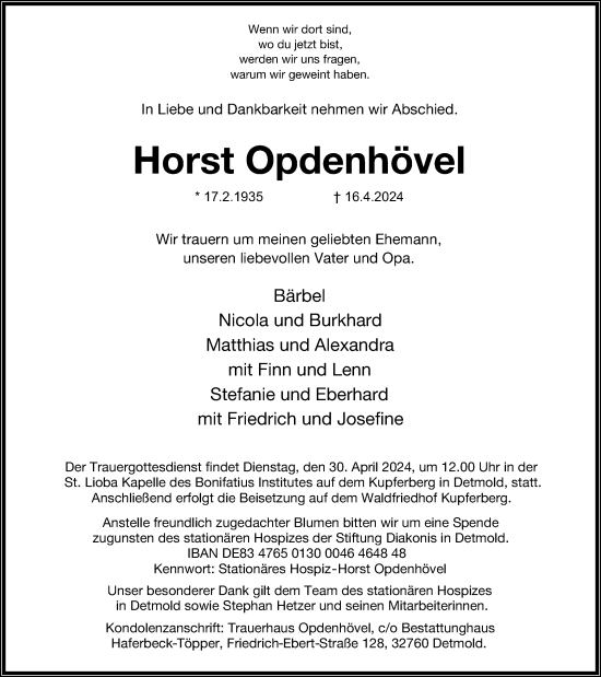 Anzeige  Horst Opdenhövel  Lippische Landes-Zeitung