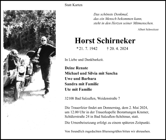 Anzeige  Horst Schirneker  Lippische Landes-Zeitung