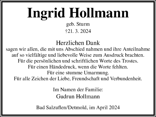 Anzeige  Ingrid Hollmann  Lippische Landes-Zeitung