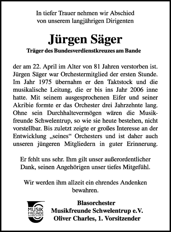 Anzeige  Jürgen Säger  Lippische Landes-Zeitung
