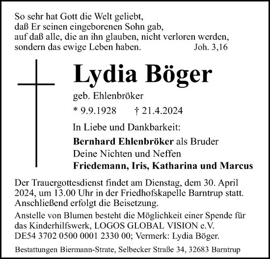 Anzeige  Lydia Böger  Lippische Landes-Zeitung
