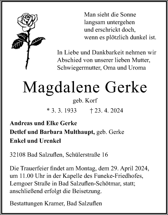 Anzeige  Magdalene Gerke  Lippische Landes-Zeitung