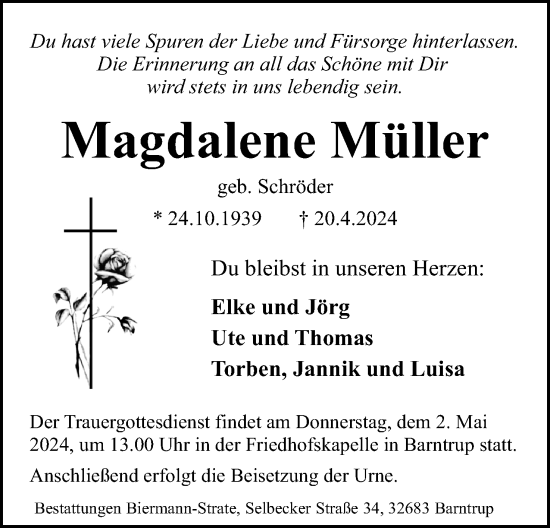 Anzeige  Magdalene Müller  Lippische Landes-Zeitung