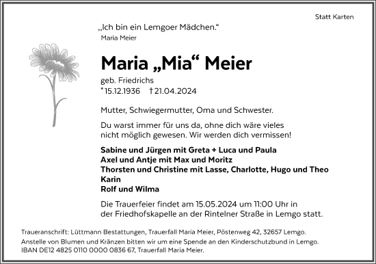 Anzeige  Maria Meier  Lippische Landes-Zeitung