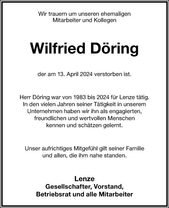 Anzeige  Wilfried Döring  Lippische Landes-Zeitung